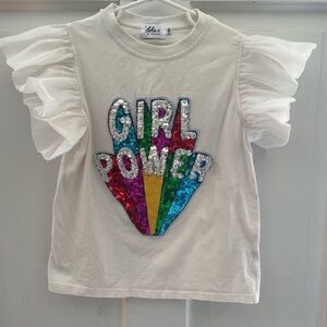 Lola + The Boys White Flutter Sleeve Tee with Sequin Stones 'Girl Power' AS IS